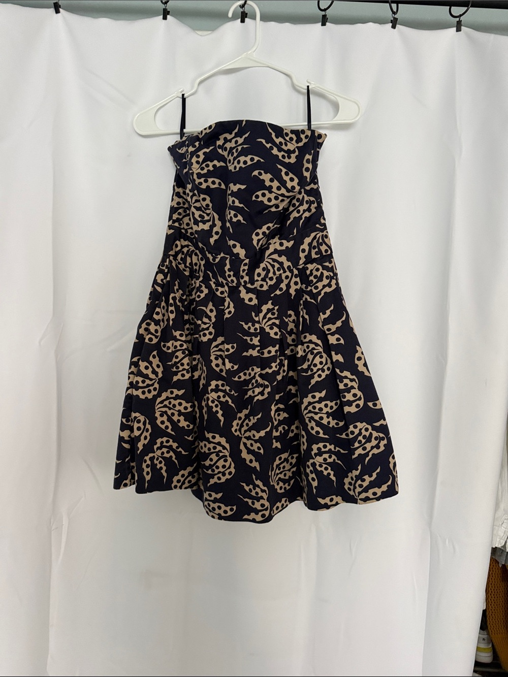 French Connection Navy Strapless A-Line Dress with Beige Leaf Print